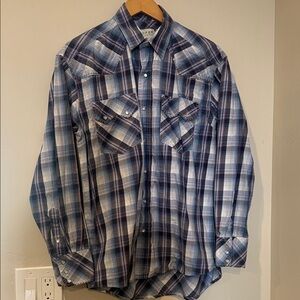 Roper Men's Red White and Blue Pearl Snap Plaid Button Down Shirt